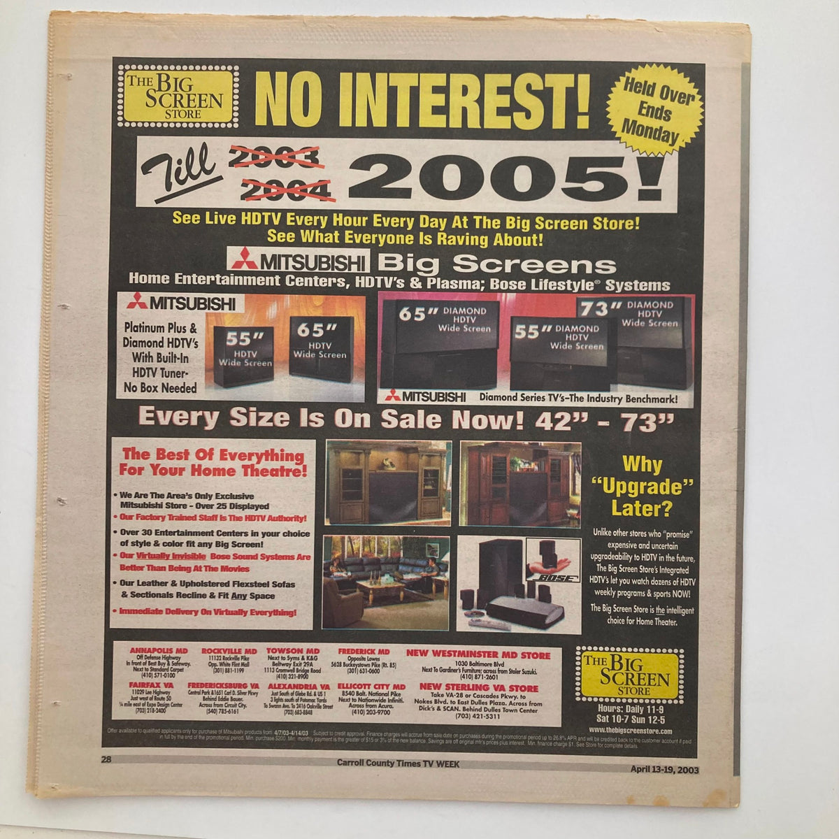 Advertisement page from TV Week Magazine April 13 2003, promoting the Big Screen Store with offers on television systems, highlighting consumer electronics trends of 2003.