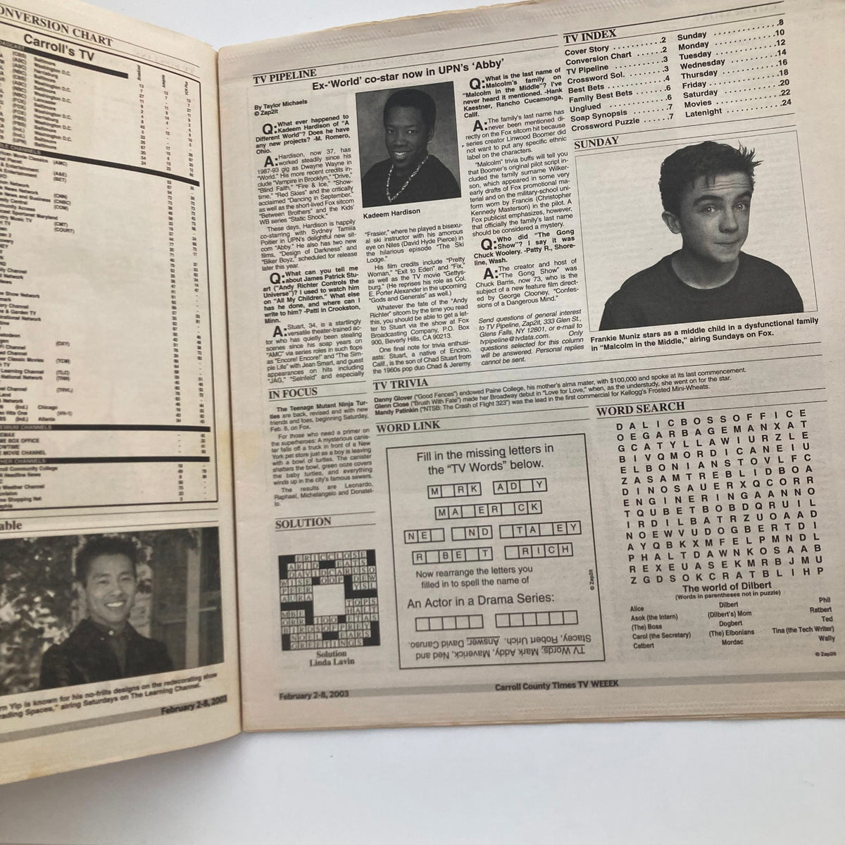 Inside page of TV Week Magazine February 2 2003, displaying TV programming schedule, trivia, and entertainment news.
