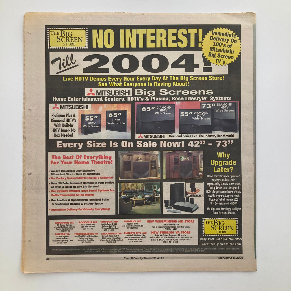 Advertisement page from TV Week Magazine February 2 2003, promoting Mitsubishi televisions with a focus on the latest technology.