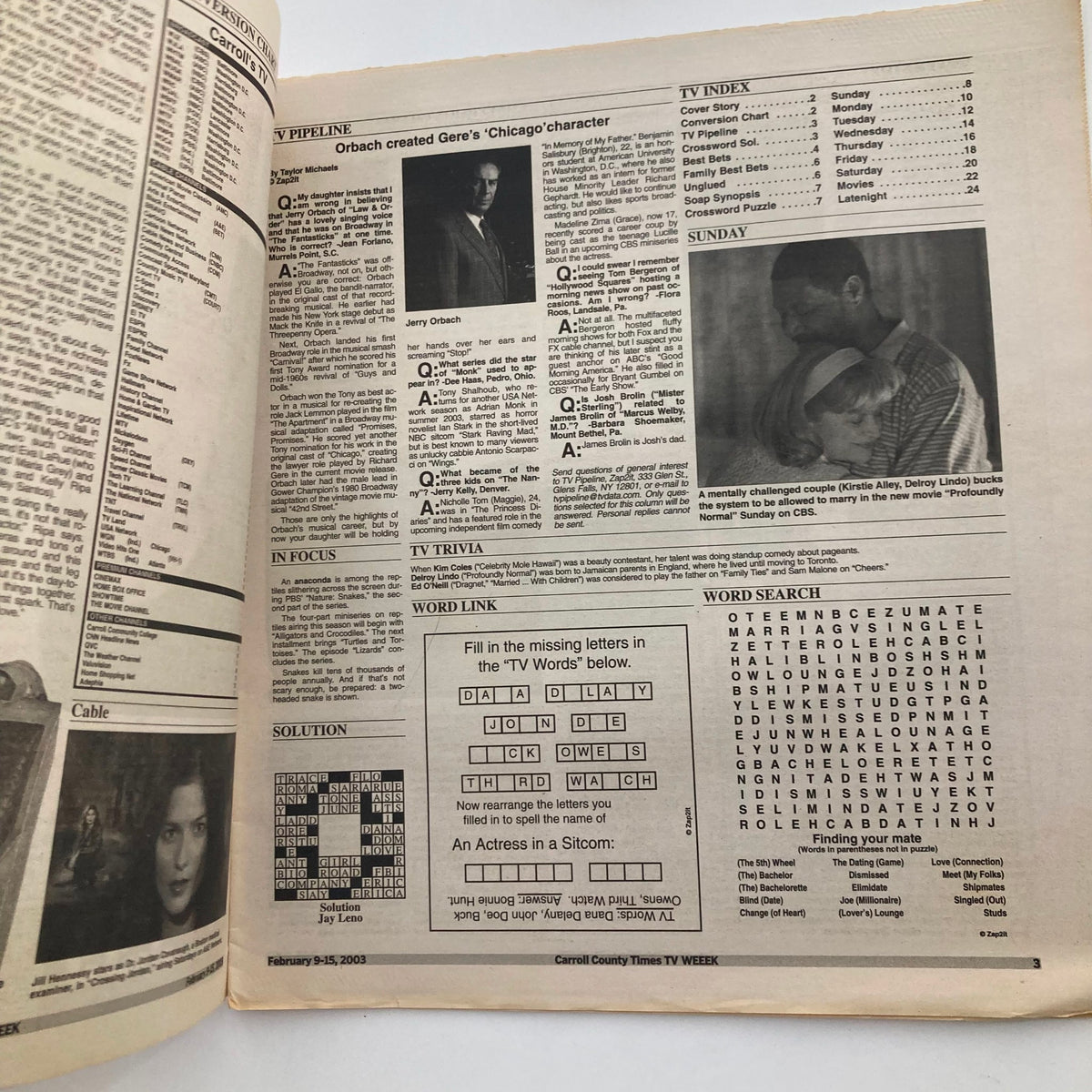 Interior page of TV Week Magazine February 9 2003, displaying program listings, puzzles, and TV trivia.