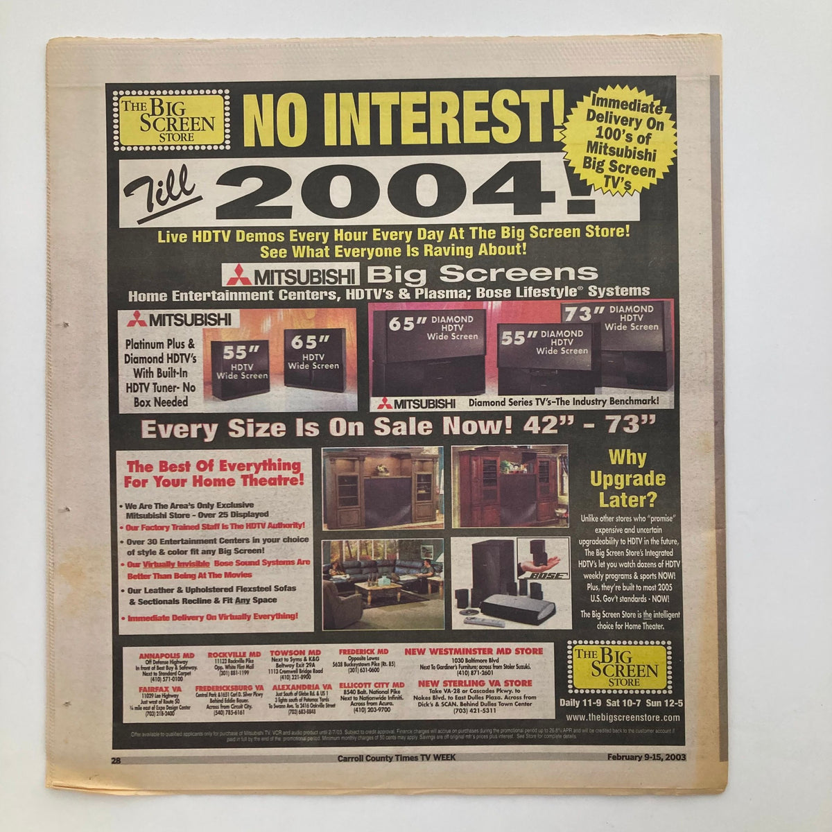 Advertisement page from TV Week Magazine February 9 2003 for The Big Screen Store featuring Mitsubishi Big Screens and home entertainment systems.
