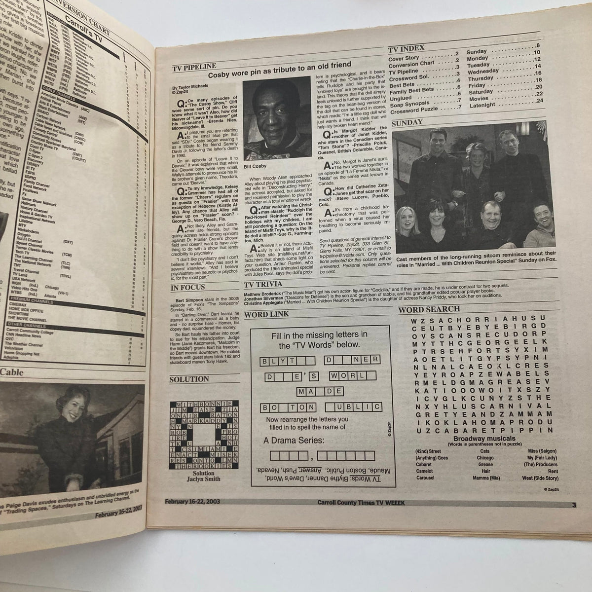 Interior page of TV Week Magazine February 16 2003, highlighting TV trivia and programs, including a tribute to an old friend and a word search puzzle, encapsulating the entertainment trends of early 2000s television.