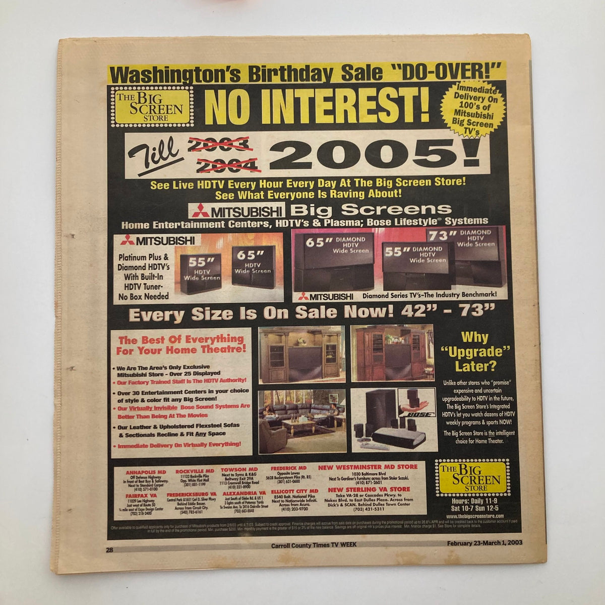 Advertisement page from TV Week Magazine February 23 2003, promoting Washington's Birthday Sale with Mitsubishi big screens.