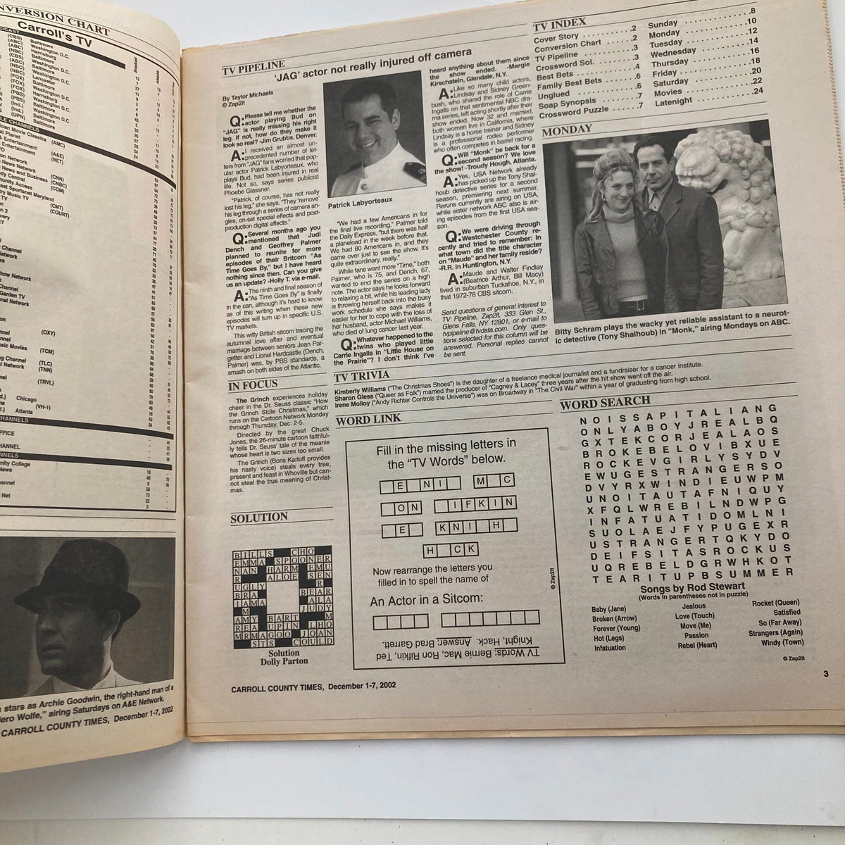 Interior page of TV Week Magazine December 1 2002 showcasing TV program listings, actor spotlight, and crossword puzzle.