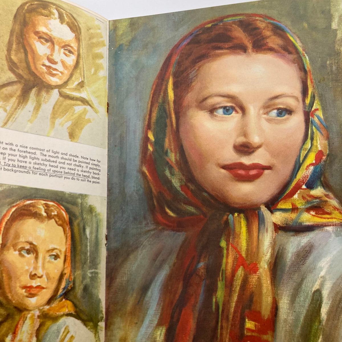 Illustration page from VTG 1950 Vol. 15 Walter Foster Portraits in Oils by Stella Mackie showcasing a gallery of portraits depicting a woman in a scarf.