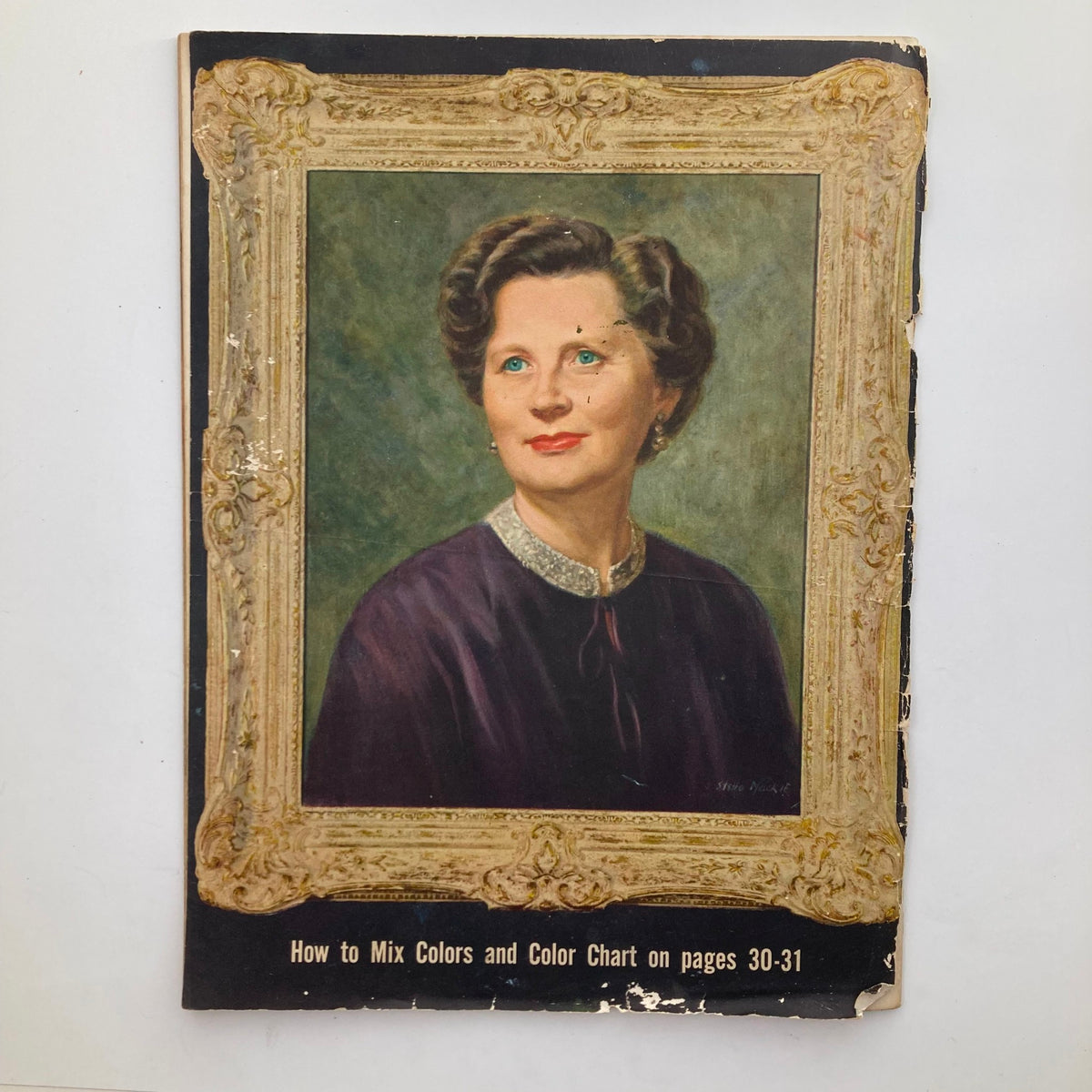 Cover of a section from VTG 1950 Vol. 15 Walter Foster Portraits in Oils by Stella Mackie showing a framed portrait of a woman in a purple dress.