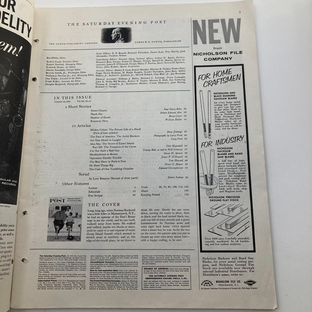 Inside page of The Saturday Evening Post from September 20, 1958, showcasing the table of contents and articles including Mickey Cohen: The Private Life of a Hood.