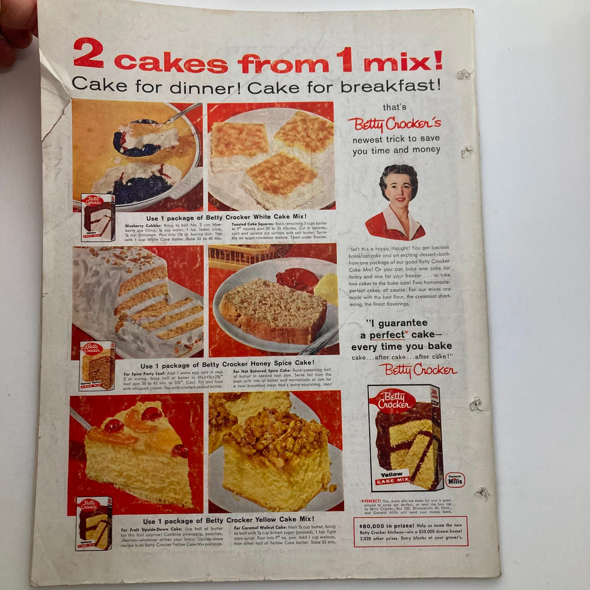 Vintage advertisement from Betty Crocker featuring cake recipes like Blueberry Cobbler and Toasted Cake Squares. Part of The Saturday Evening Post September 20 1958 issue.