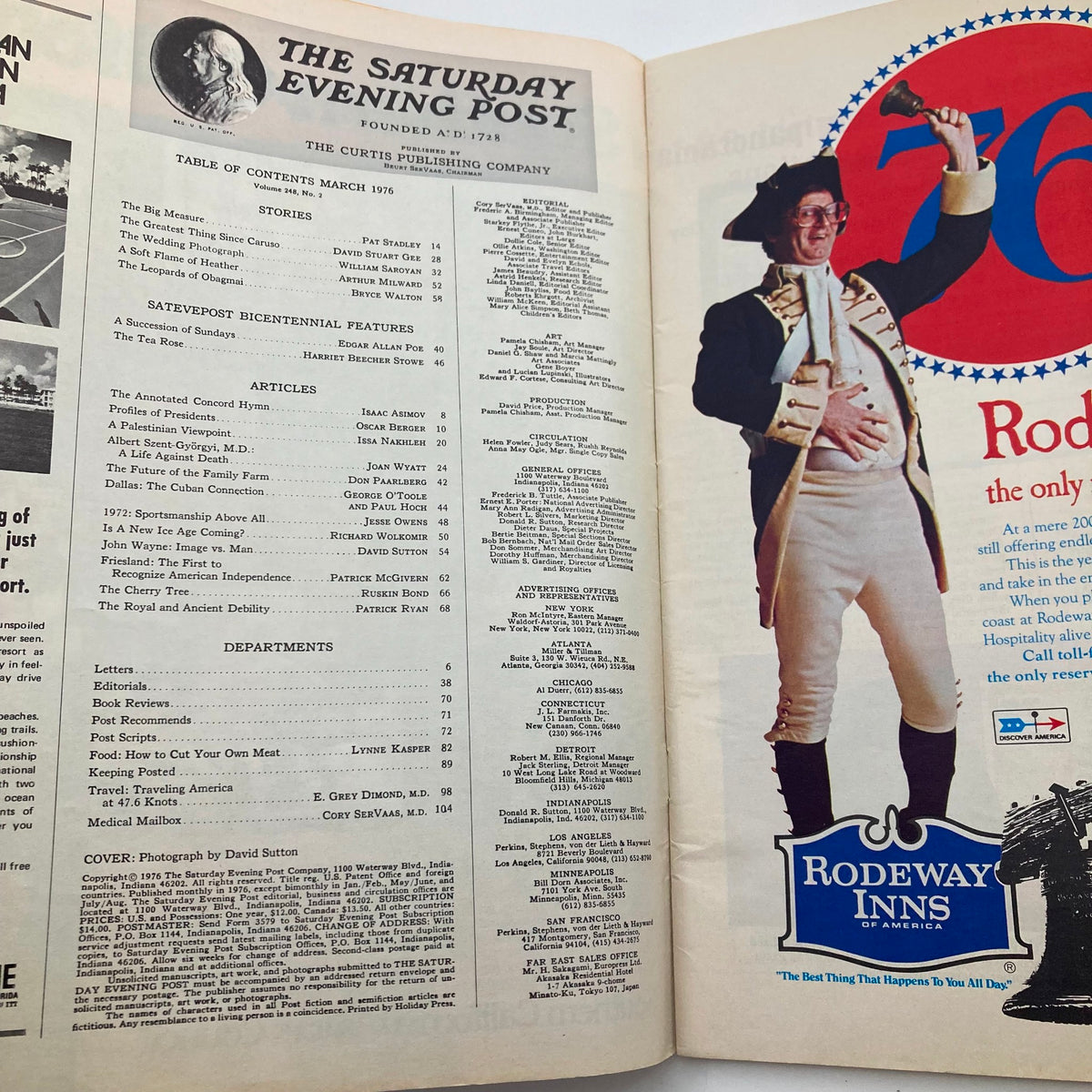 Inside page of The Saturday Evening Post March 1976 showing the table of contents with articles and features, highlighting the magazine's diverse content from that era.