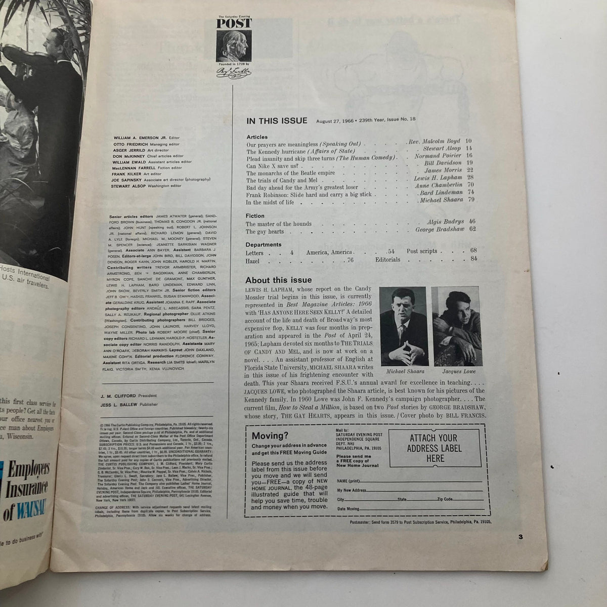 Inside page of The Saturday Evening Post August 27 1966 Issue No. 18, detailing articles and contributors, providing a glimpse into the content of the magazine featuring The Beatles.