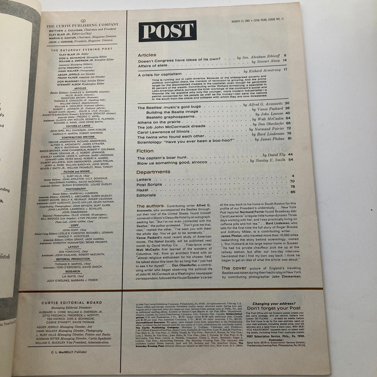 Inside page of The Saturday Evening Post, March 21, 1964, featuring articles and content related to John Lennon of The Beatles.