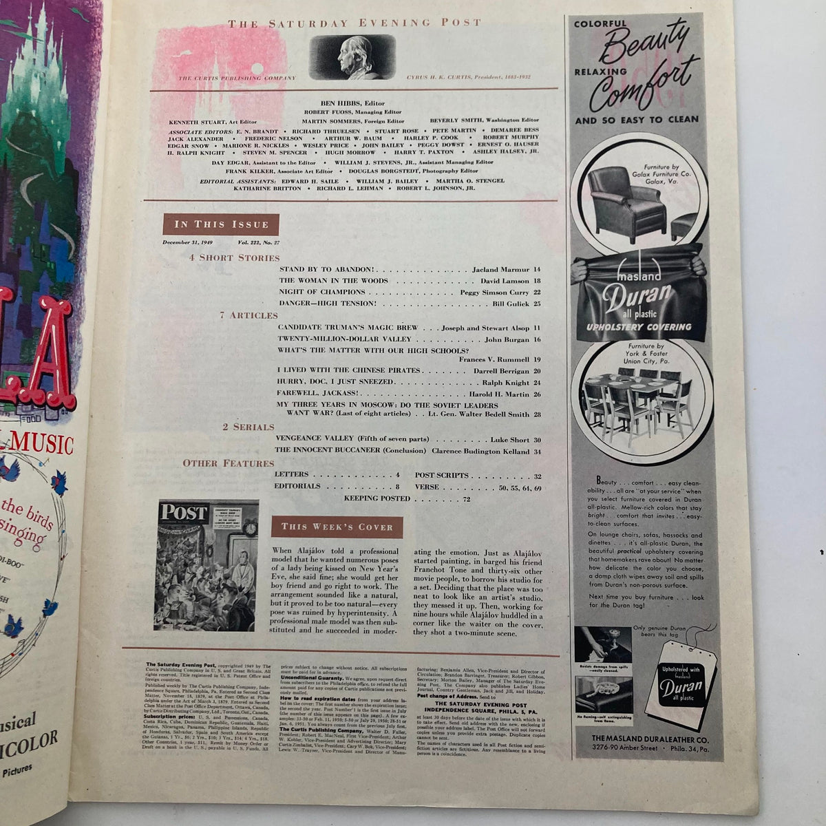 Interior page from The Saturday Evening Post December 31, 1949, showing the table of contents alongside advertisements, reflecting the magazine's layout and vintage design.