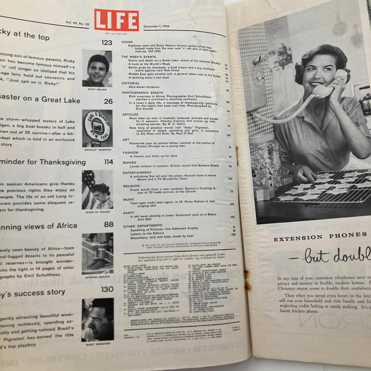 Inside view of VTG Life Magazine December 1 1958 featuring Ricky Nelson, showcasing the contents page with articles and advertisements from the late '50s era.