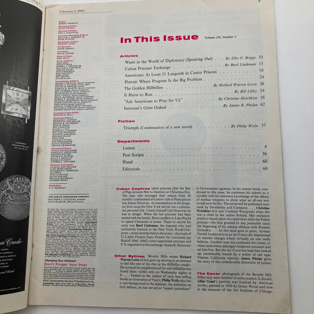 Contents page of The Saturday Evening Post February 2 1963 Vol 236 No. 4 including listed articles and details about the issue featuring Cardinal Wyszynski.