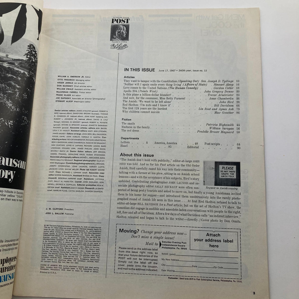 Inside page from The Saturday Evening Post June 17 1967 issue, detailing the contents and articles featured in the magazine including a tribute to Red Skelton.