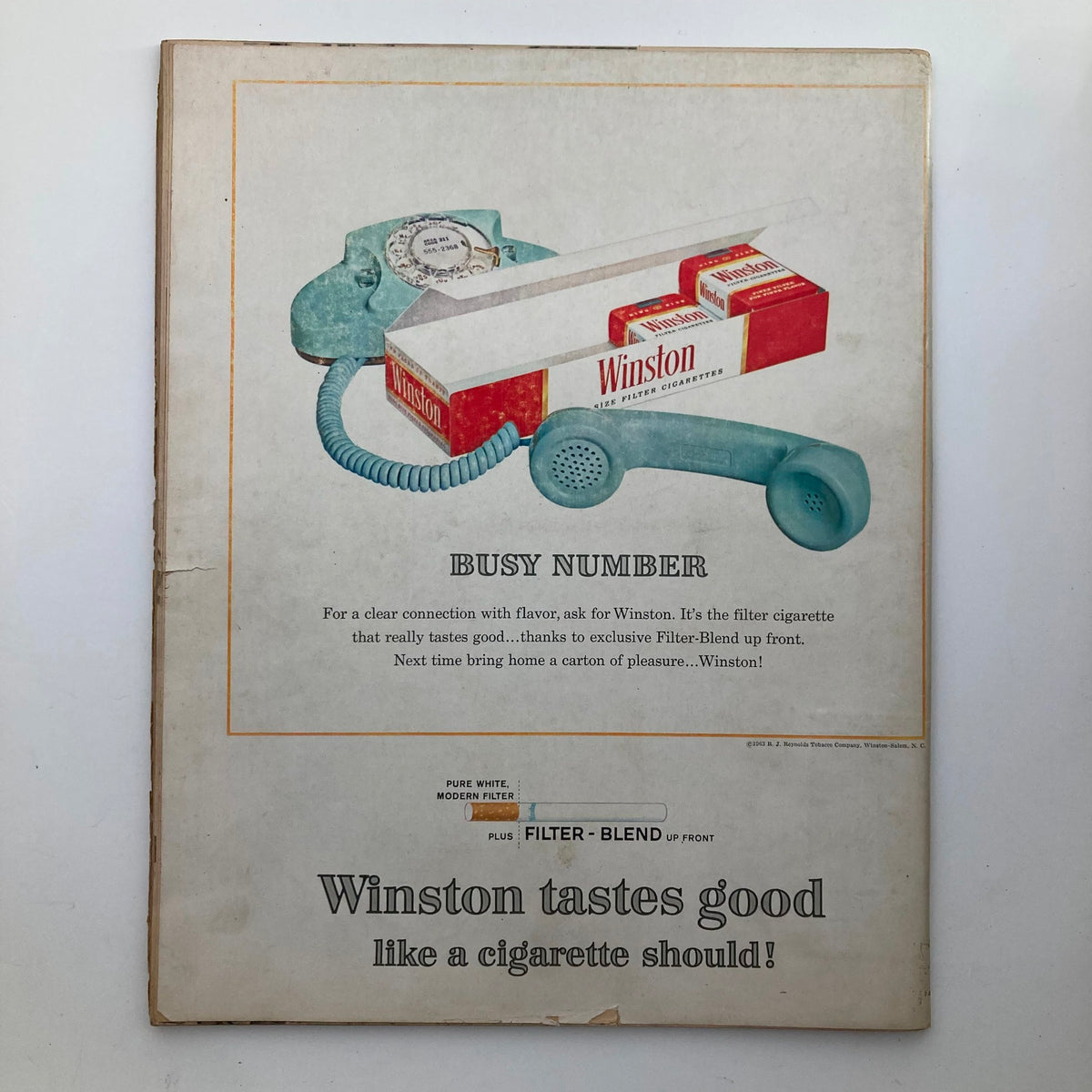 Back cover of Look Magazine December 17, 1963, Vol 27 No. 25 featuring an advertisement for Winston cigarettes, incorporating retro design elements from the 1960s.