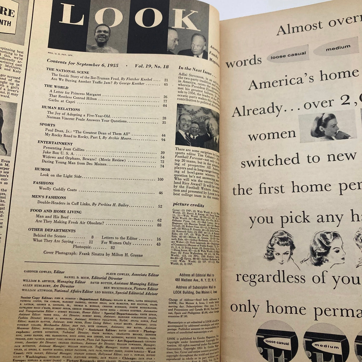 Interior page of VTG Look Magazine September 6 1955 Vol 19 No. 18 showcasing the contents and highlights of the issue.