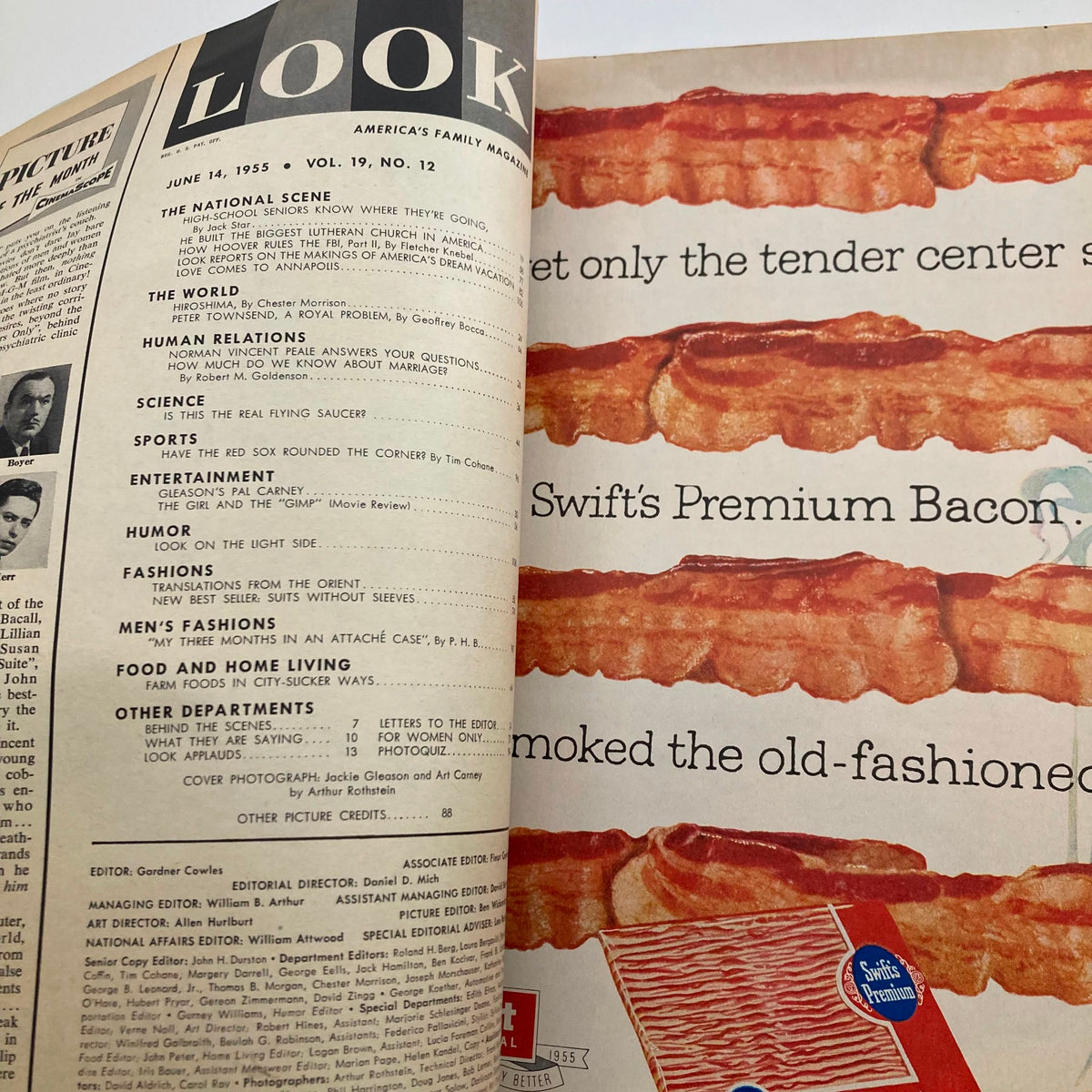 Inside spread of Look Magazine, June 14, 1955, Vol 19 No 12, displaying articles and advertisements reflective of 1950s culture.