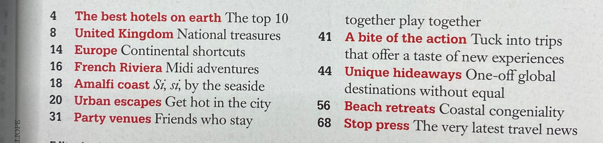 Contents page of Harpers Abroad Magazine November 2005 listing features such as 'The best hotels on earth', 'National treasures', and 'Unique hideaways'.