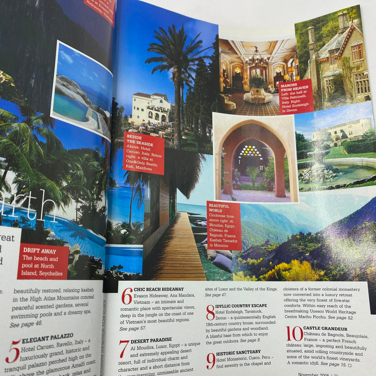 An interior page from Harpers Abroad Magazine November 2005 highlighting top travel destinations, with images and descriptions of luxurious locations and beautiful landscapes.