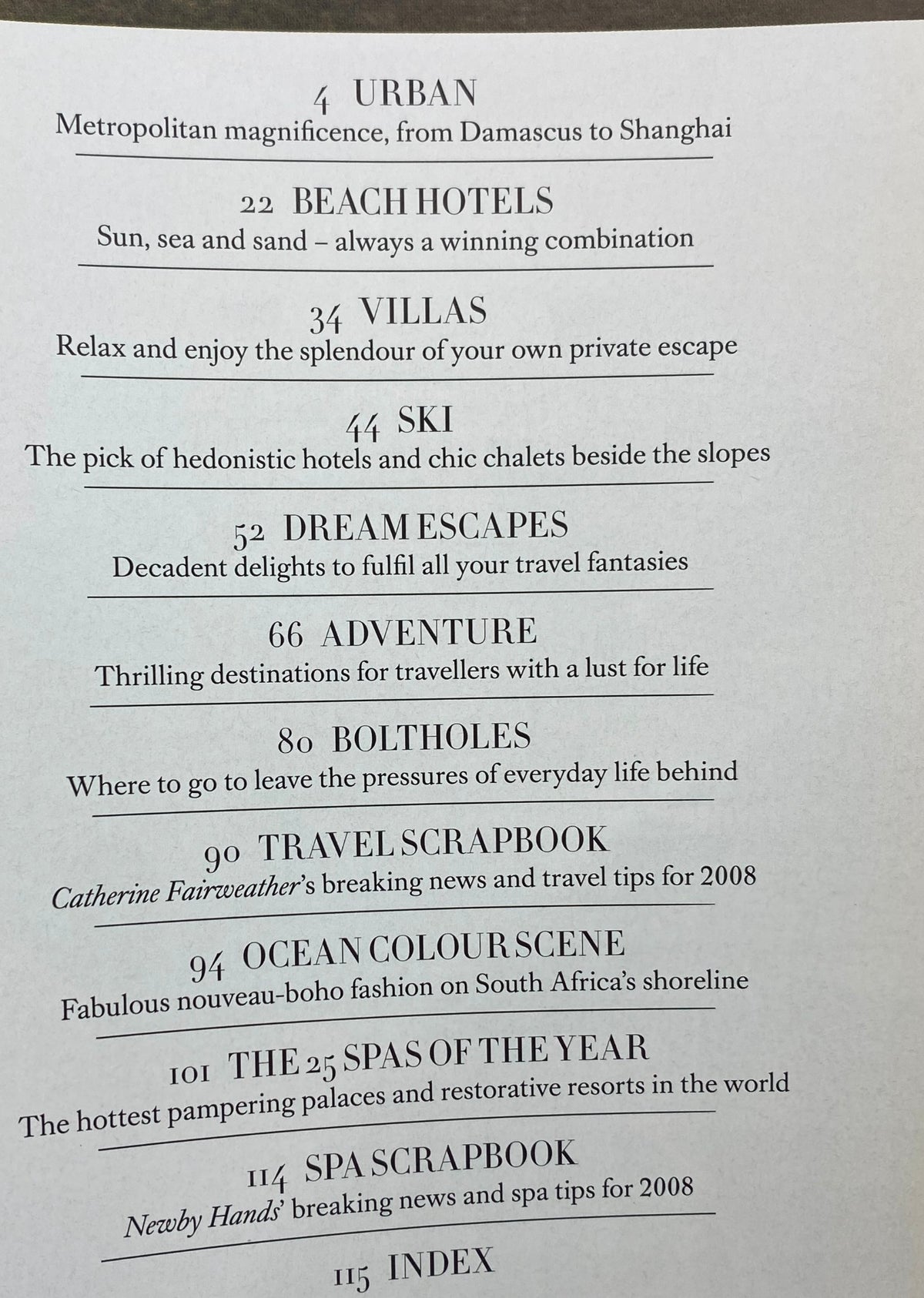 Table of contents from Harper's Bazaar Magazine 2008 Travel Guide listing top urban destinations, beach hotels, villas, ski trips, dream escapes, boltholes, and spa recommendations.