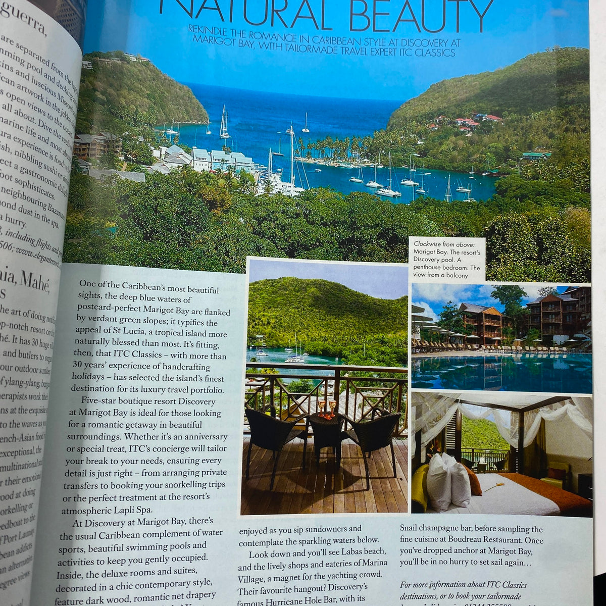 Interior page from Harper's Bazaar Magazine 2008 Travel Guide showcasing a beautiful view of Marigot Bay, celebrating natural beauty in luxury travel.
