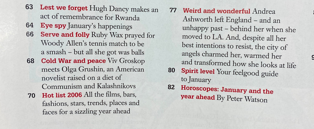 Page from Harpers UK & Queen Magazine January 2006 showcasing features including Hugh Dancy's article and the 'Hot List 2006'.