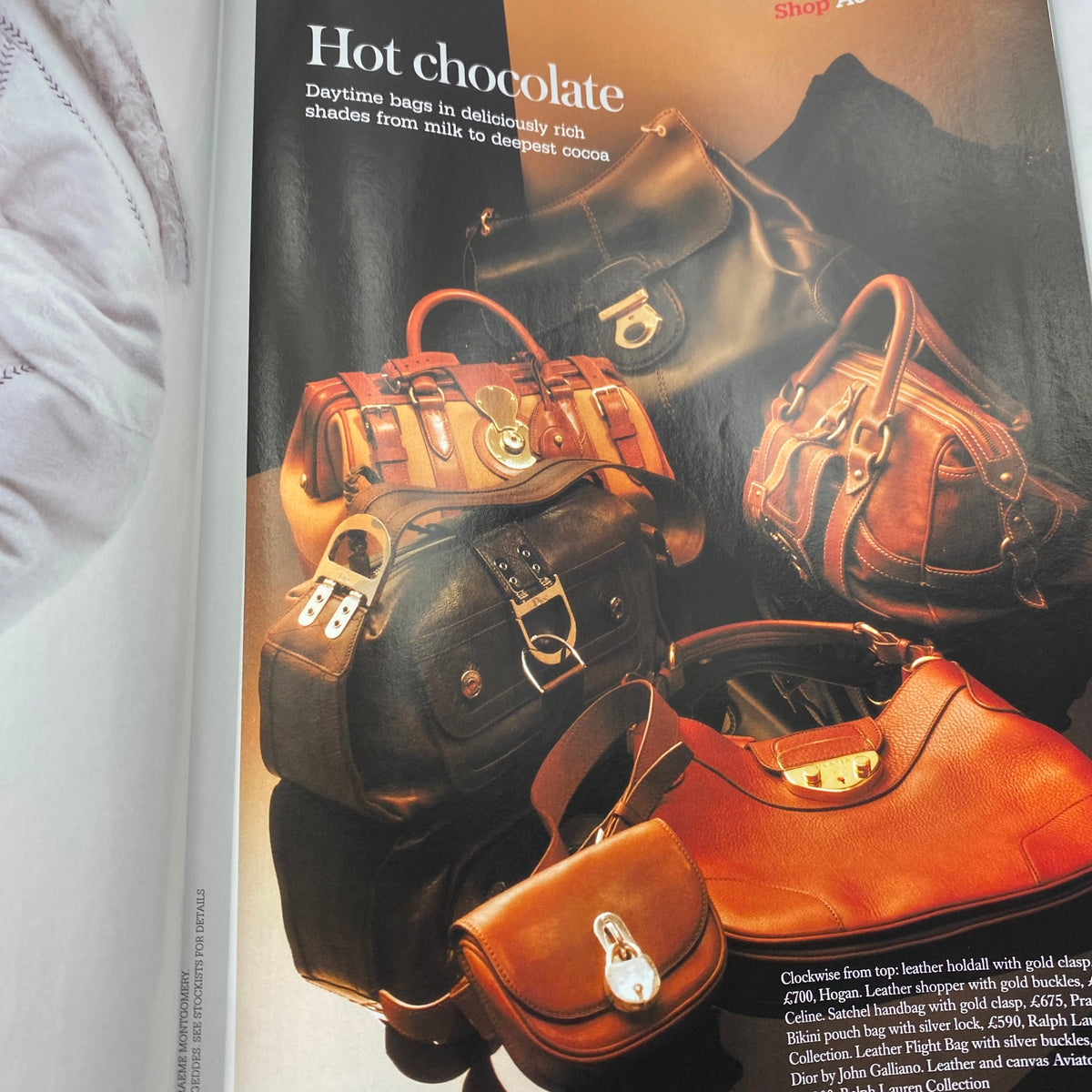 Advertisement page in Harpers UK & Queen Magazine January 2006 displaying stylish leather bags under the theme 'Hot Chocolate'.