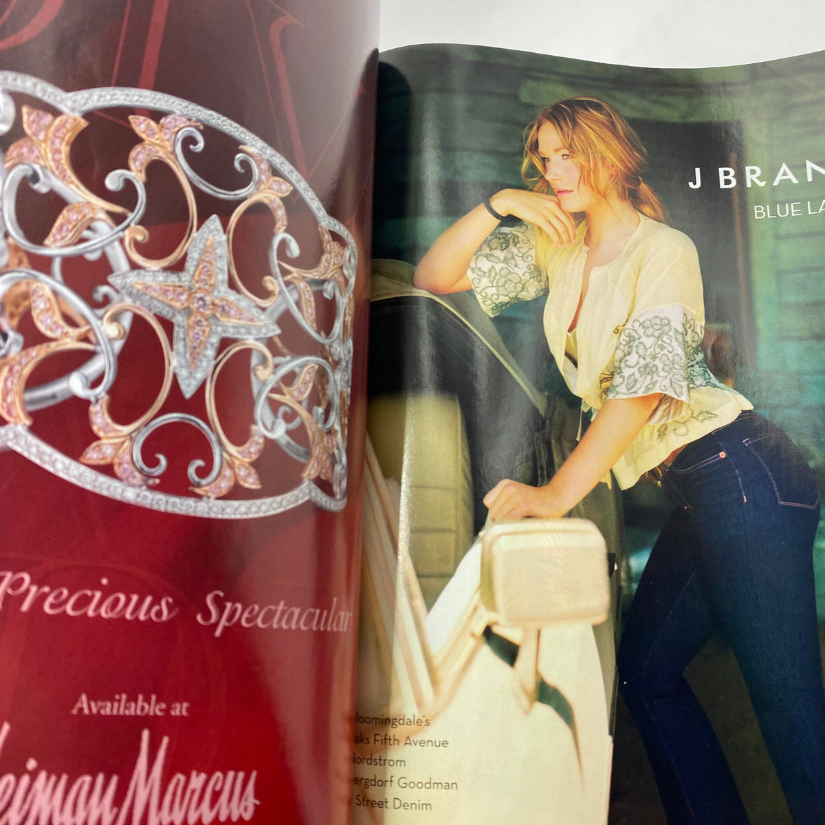 Interior page of Harper's Bazaar Magazine December 2008 highlighting a model wearing J Brand clothing with stylish accessories, representing the fashion styles of the late 2000s.