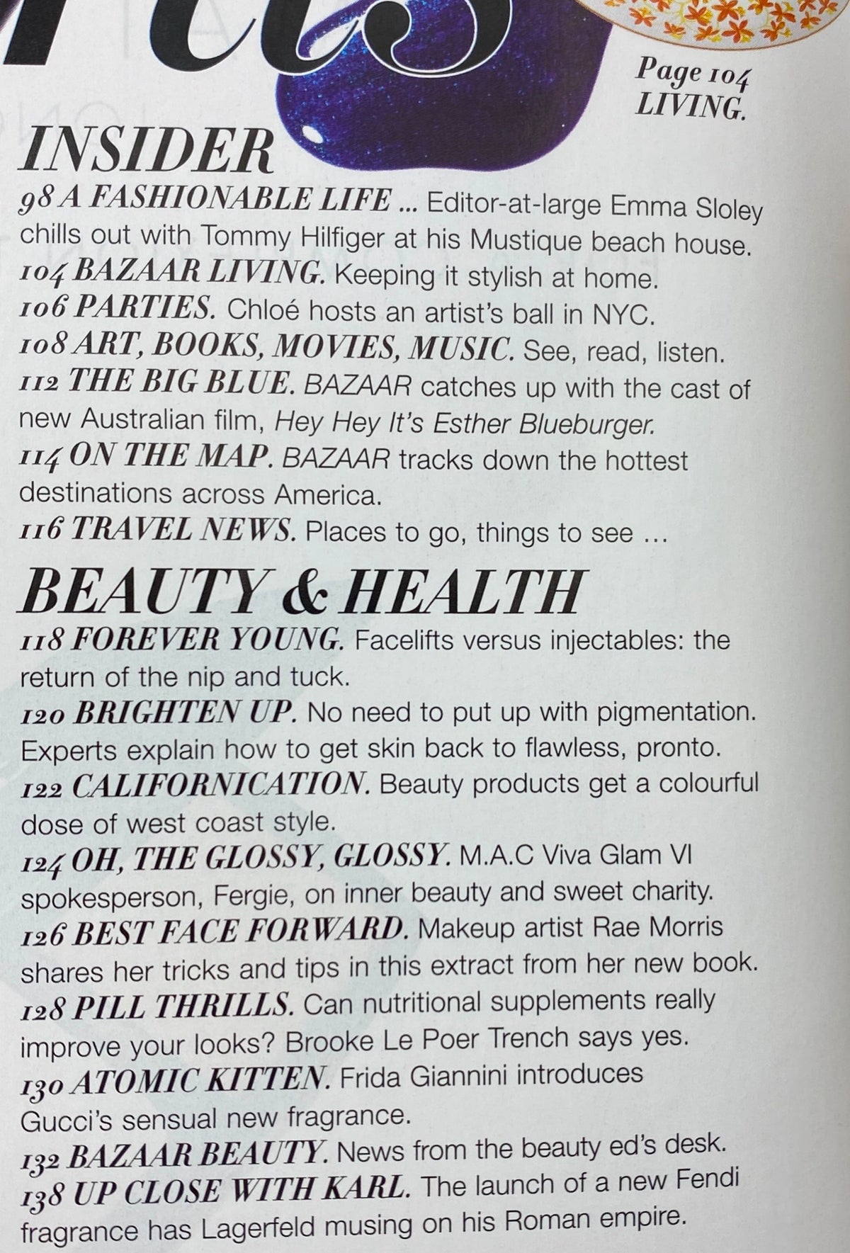 Table of contents from Harper's Bazaar Australia Magazine February 2008, highlighting sections such as 'INSIDER' and 'BEAUTY & HEALTH', featuring articles about fashion, travel, and lifestyle.