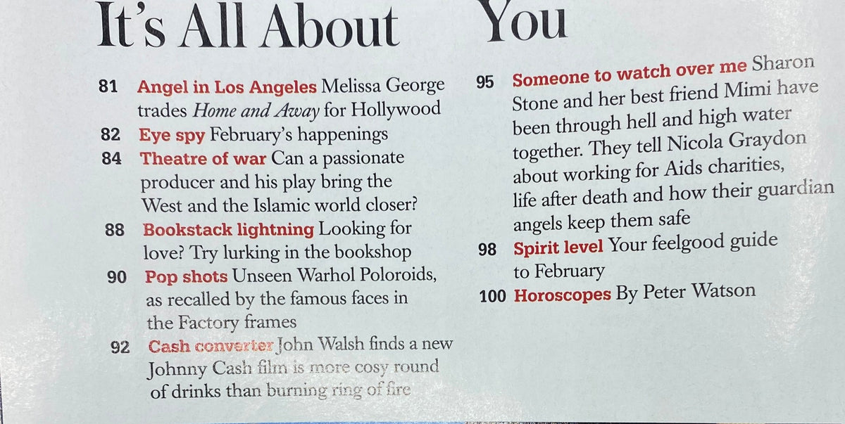 Interior page of Harpers & Queen Magazine February 2006 highlighting articles including Melissa George's Hollywood transition and features on fashion and horoscopes.