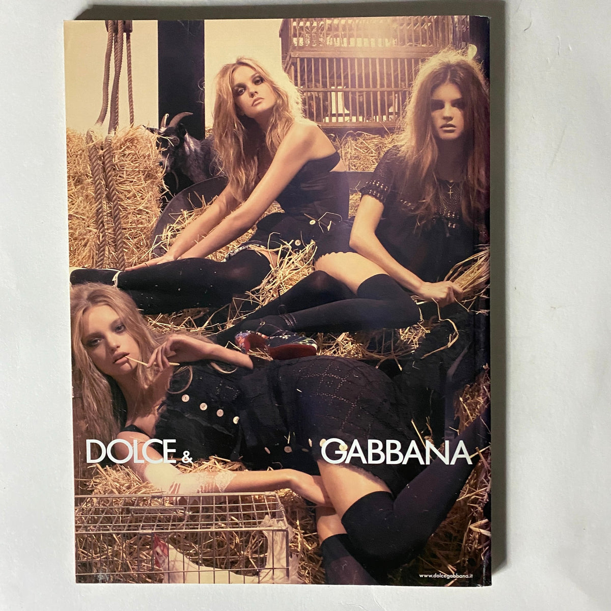 Harpers & Queen February 2006 vintage magazine cover featuring models styled in Dolce & Gabbana fashion, set against a rustic backdrop.