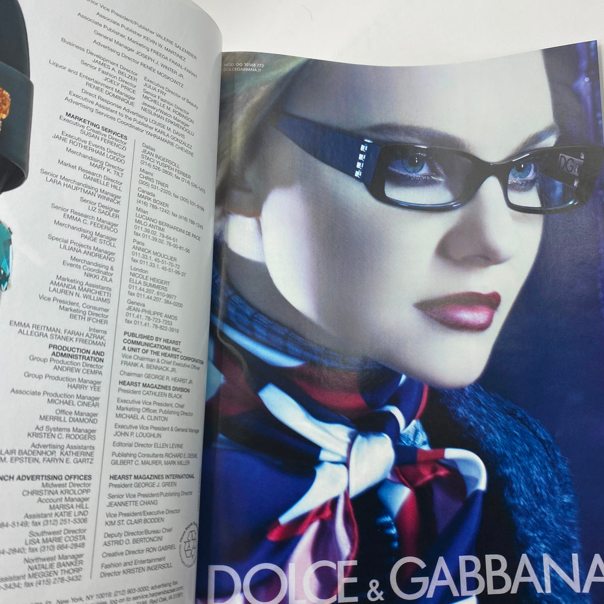 Dolce & Gabbana advertisement featured in Harper's Bazaar Magazine October 2008, displaying a chic model with elegant glasses.