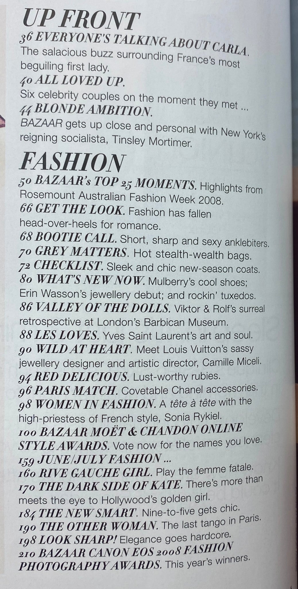 Interior page from Harper's Bazaar Australia June 2008, detailing fashion insights, including Australian Fashion Week and top fashion moments.