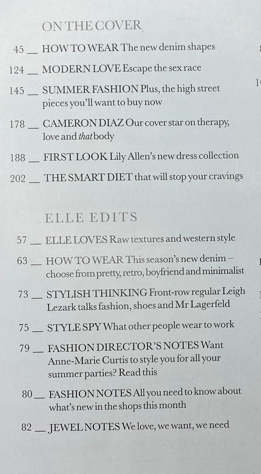 Table of contents from Elle Magazine June 2011, highlighting features on denim fashion, modern relationships, and Cameron Diaz.