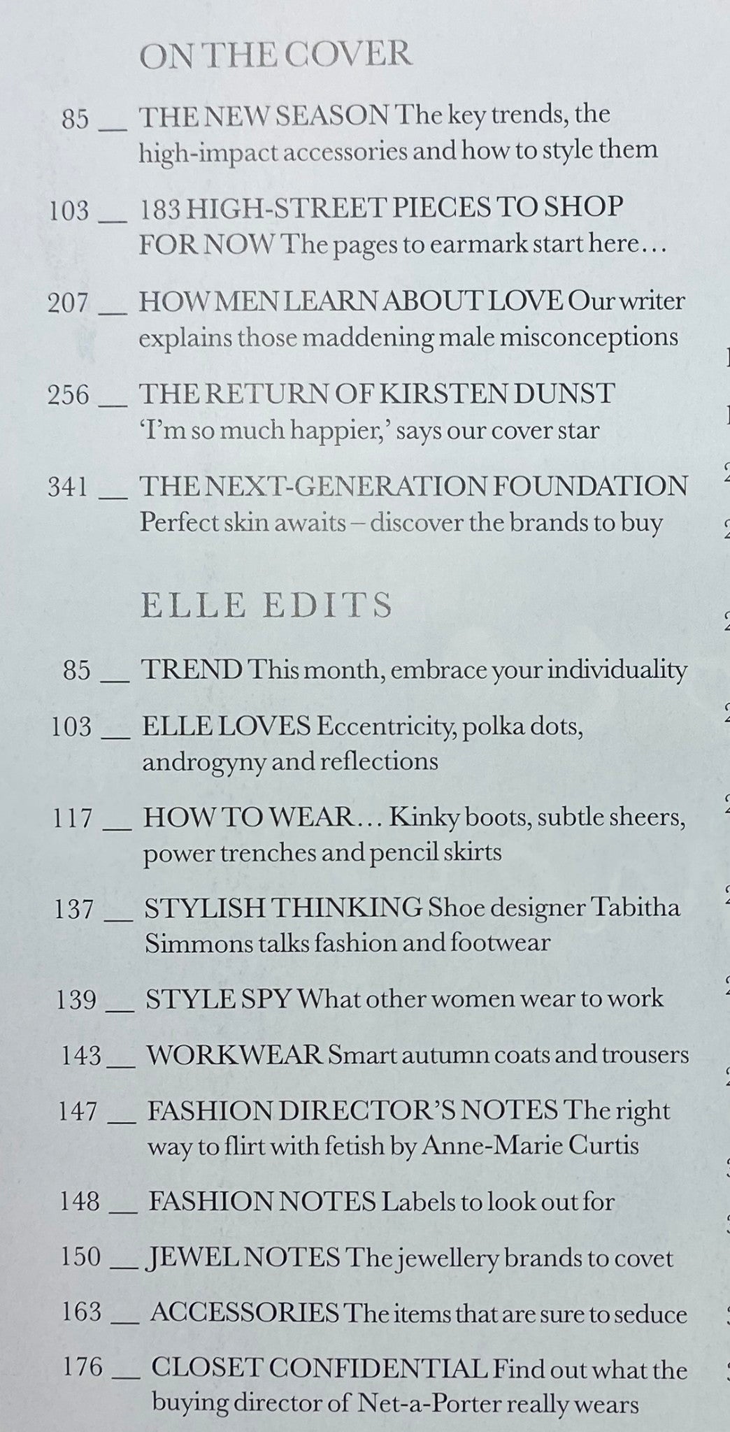 Table of contents from Elle UK Magazine September 2011, detailing articles on fashion trends and relationship insights.
