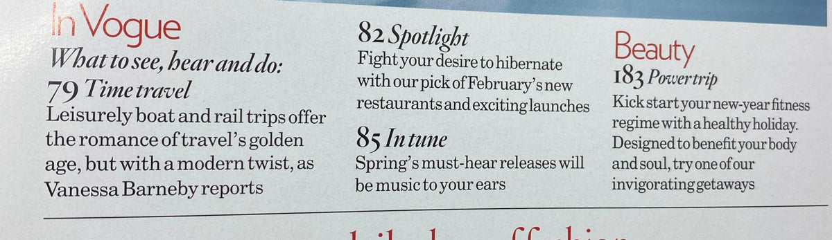 Inside page from Vogue UK Magazine February 2008 showcasing sections titled 'In Vogue', 'Spotlight', and 'Beauty', highlighting articles about travel, dining, and fitness.