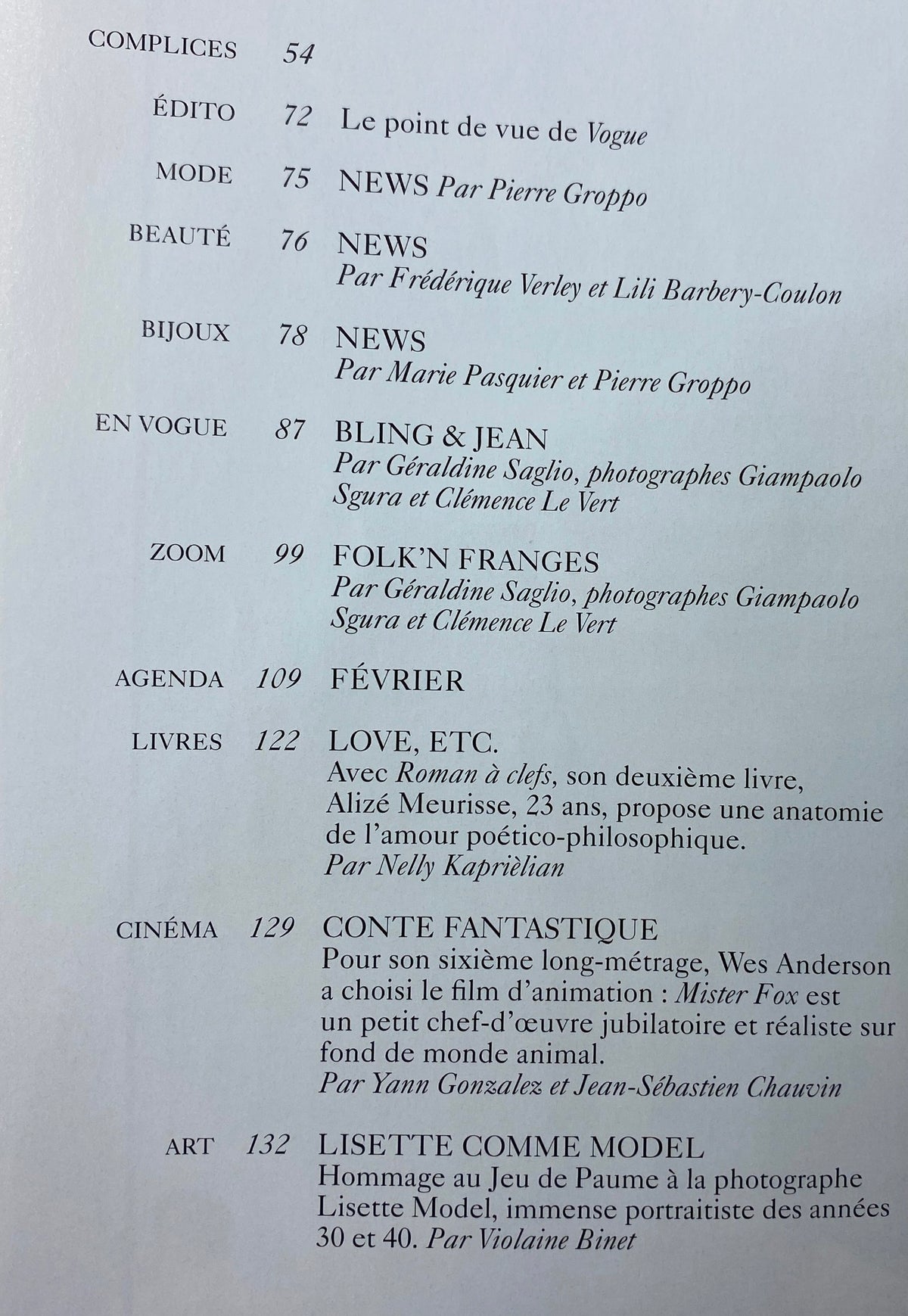 Contents page of Vogue Paris Magazine February 2010 featuring sections on fashion, beauty, and art, highlighting articles by notable contributors.