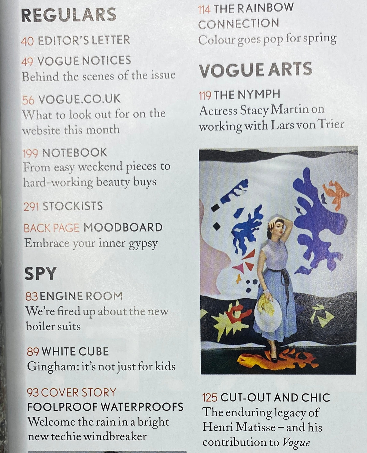 Vogue UK Magazine April 2014 interior page displaying regular features including Editor's Letter and Vogue Notices, offering insights into contemporary fashion trends.