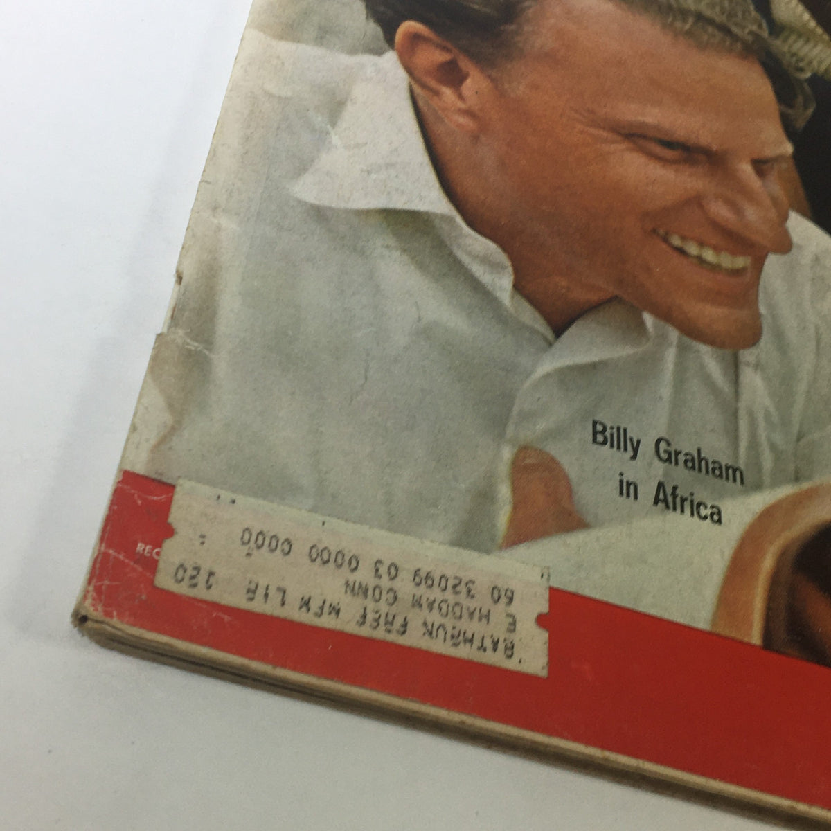 Detail of the Life Magazine cover from March 21, 1960, emphasizing Billy Graham in Africa, with visible wear and an address label.