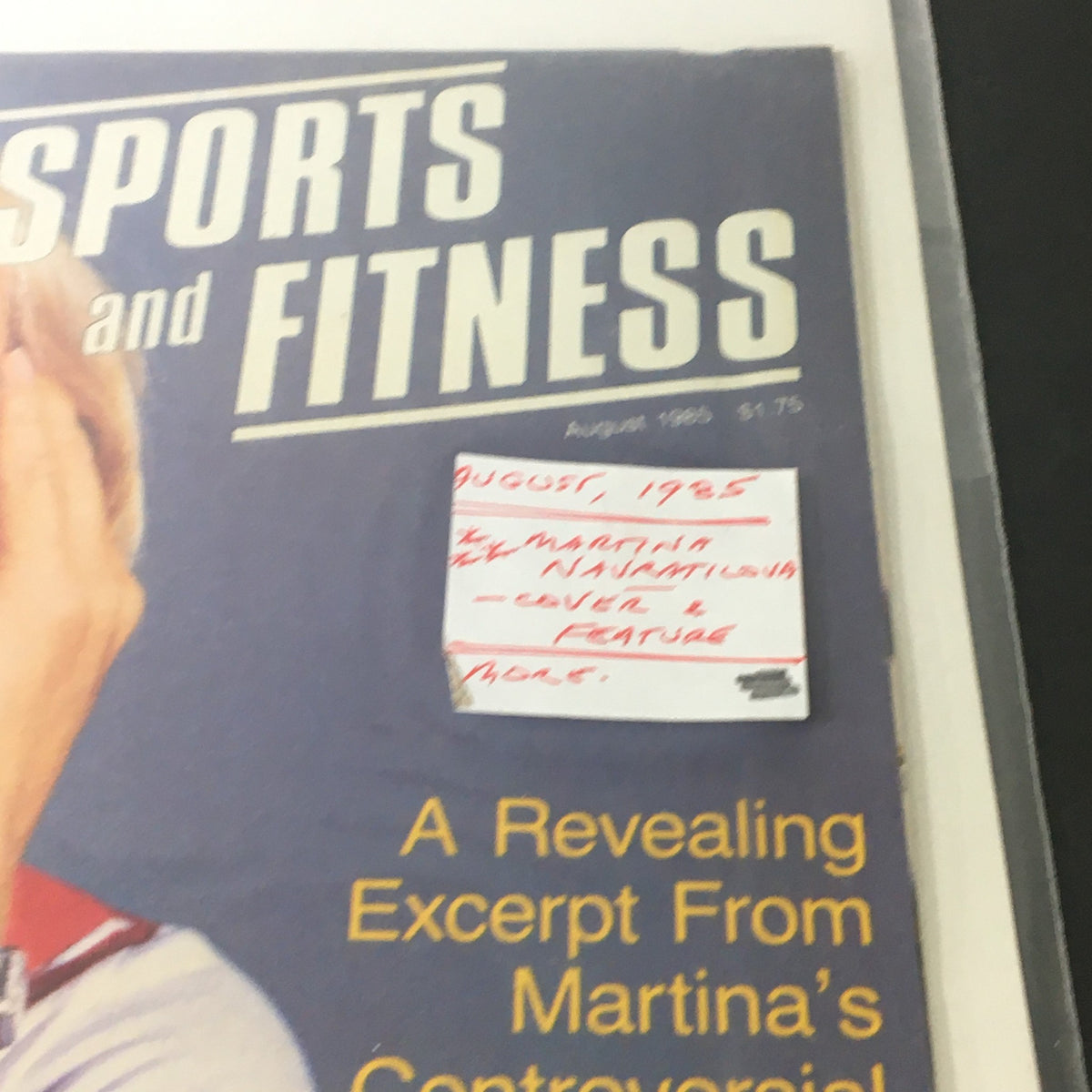 Close-up of the cover of Women's Sports & Fitness Magazine, August 1985, highlighting Martina Navratilova with a description label noting her feature as cover story.
