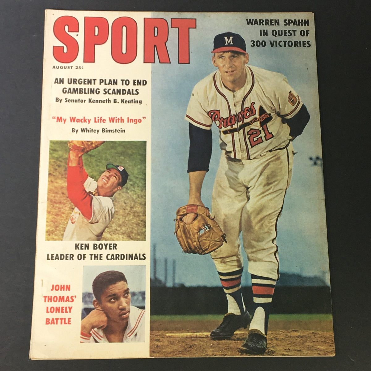 Cover of VTG Sport Magazine August 1961 featuring Warren Spahn on the front, along with Ken Boyer and John Thomas, showcasing the theme of sports history and nostalgia.