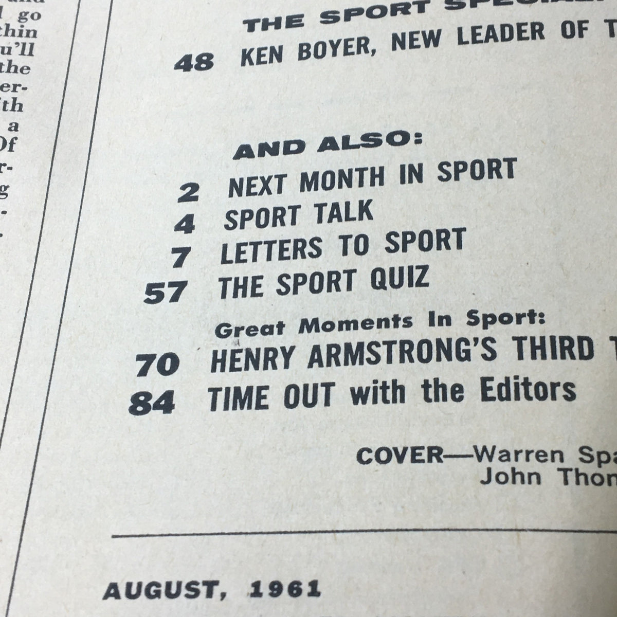 Close-up of the contents page from VTG Sport Magazine August 1961, listing articles and highlights, emphasizing the key features of the magazine including the Sports Special on Ken Boyer.