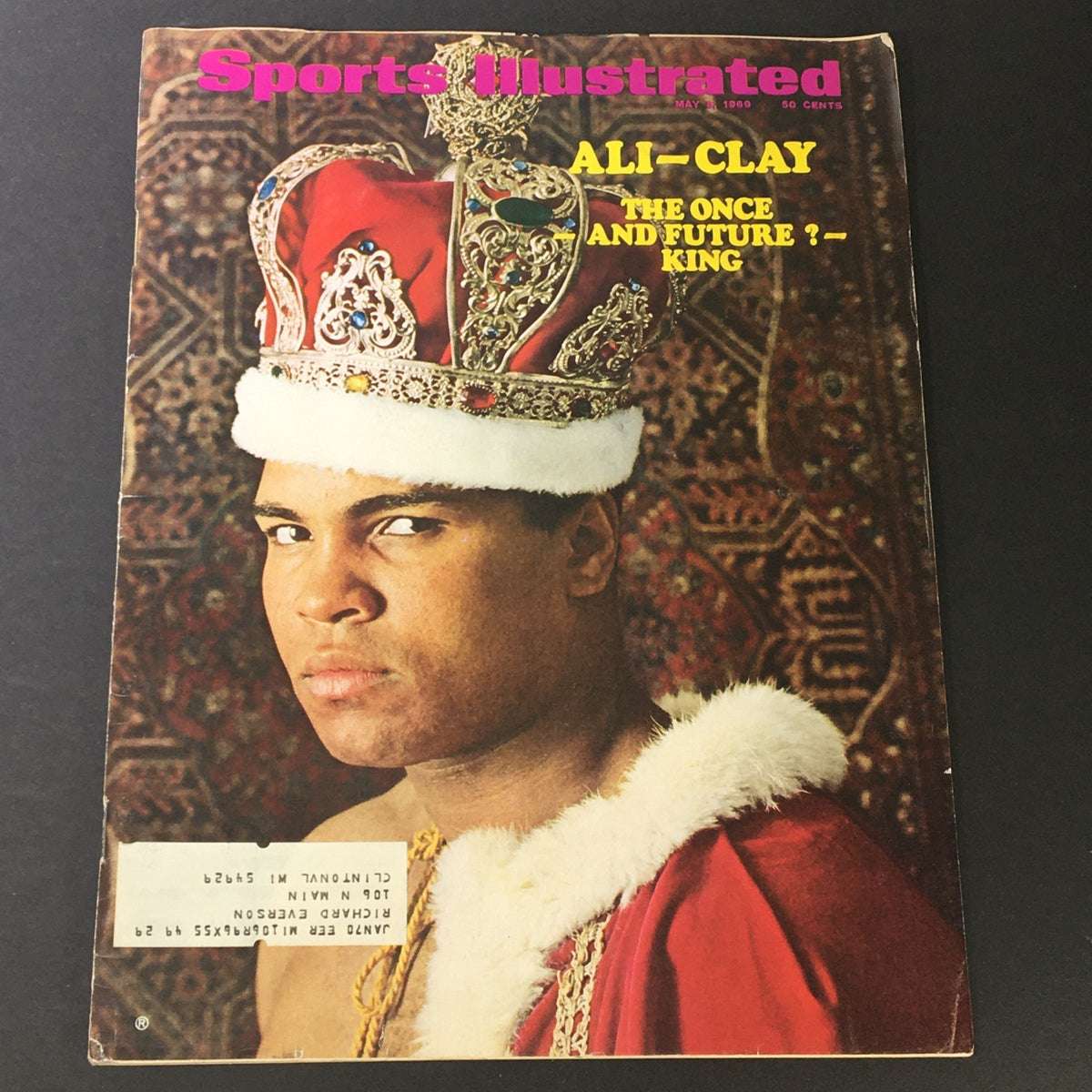 Sports Illustrated Magazine May 5 1969 featuring Muhammad Ali on the cover wearing a crown and robe, reflecting his status as a boxing legend.