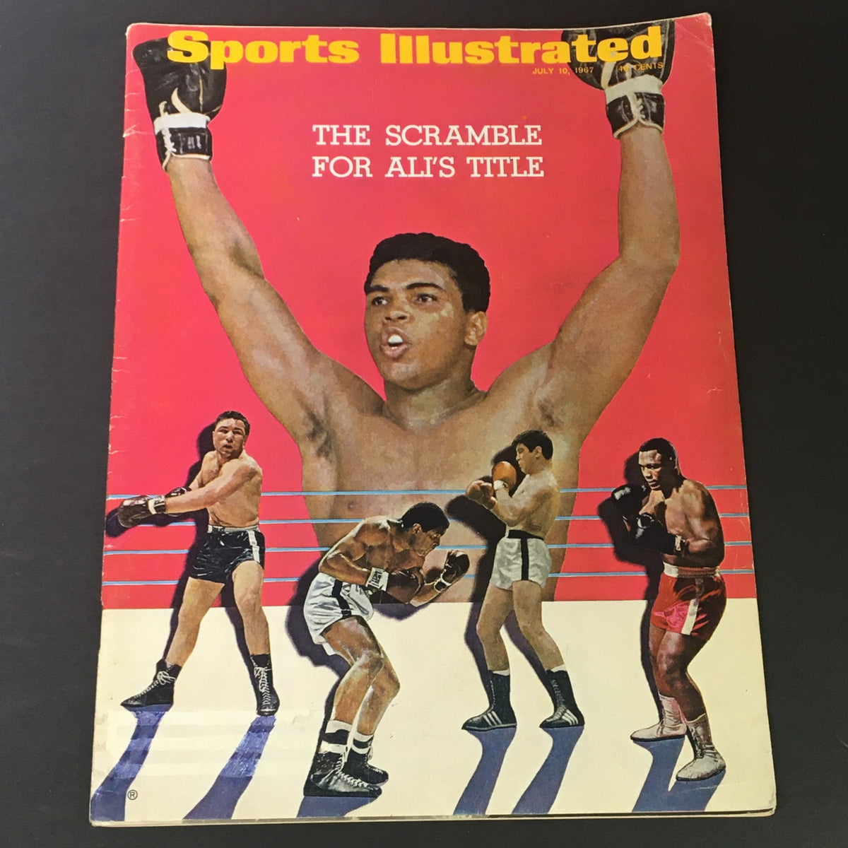 Vintage Sports Illustrated Magazine cover from July 10, 1967, featuring Muhammad Ali with the headline 'The Scramble for Ali's Title', showcasing a dynamic boxing scene with multiple fighters.