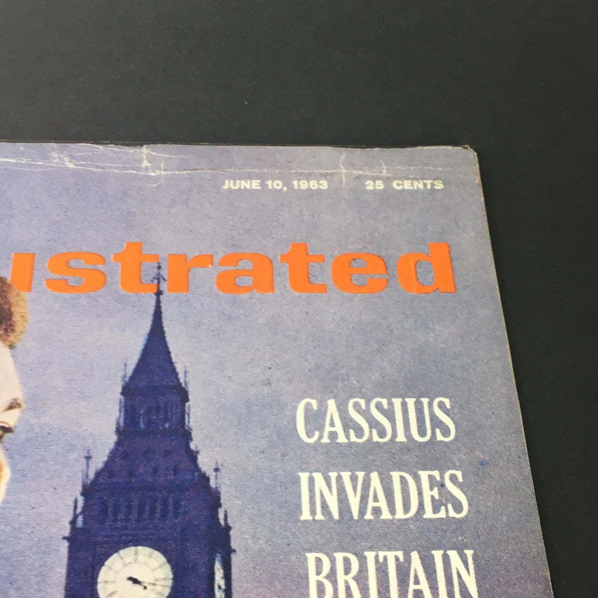 Front cover of the VTG Sports Illustrated Magazine June 10 1963 Muhammad Ali Invades Britain, displaying the magazine title and a photograph of Ali alongside Big Ben.