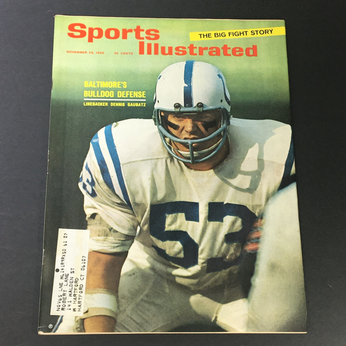 Cover of Sports Illustrated Magazine from November 29, 1965, featuring Baltimore's Dennis Gaubatz, highlighting the Bulldog Defense.