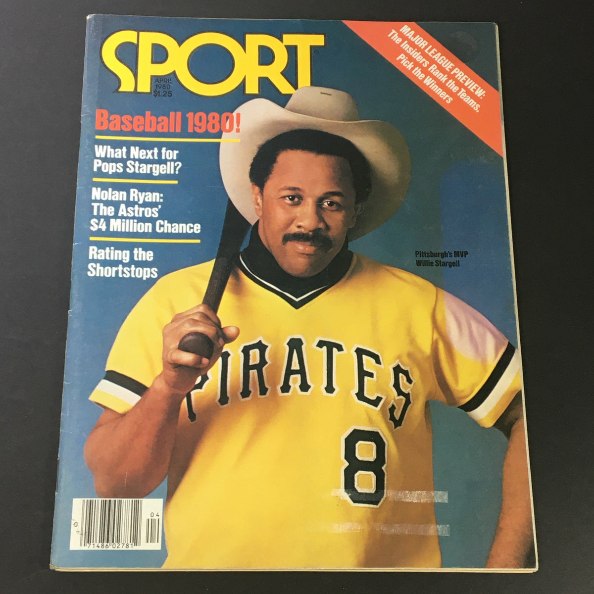 Cover of VTG Sport Magazine April 1980 featuring Pittsburgh's MVP Willie Stargell in a yellow Pirates jersey and cowboy hat, celebrating baseball culture.