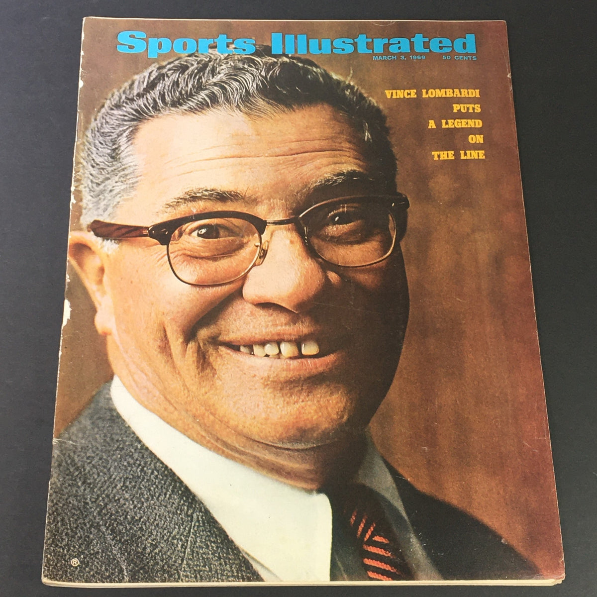 VTG Sports Illustrated Magazine March 3 1969 featuring Vince Lombardi on the cover, showcasing a vintage feel with minor edge wear, perfect for collectors of sports memorabilia.