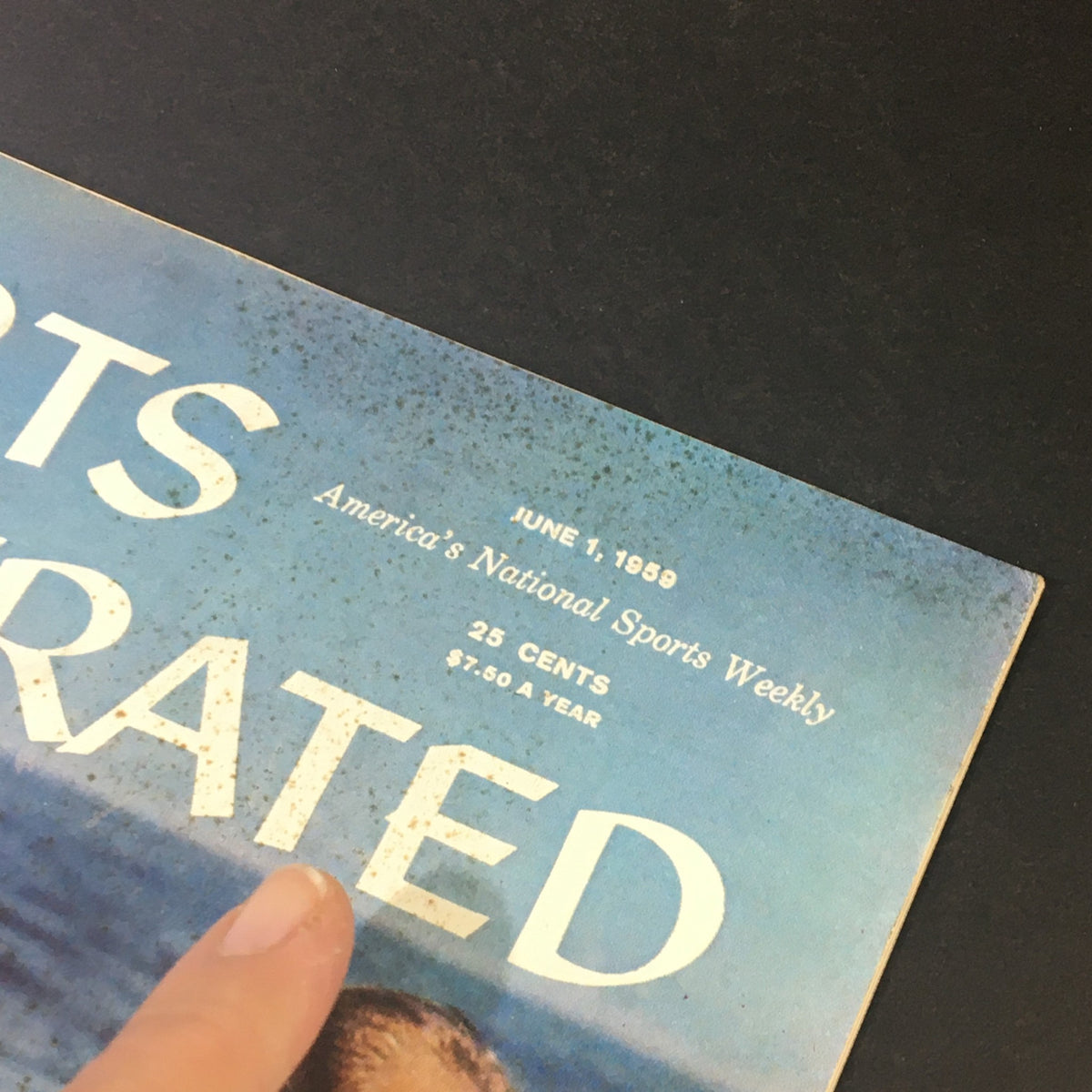 Close-up view of the cover of the VTG Sports Illustrated Magazine from June 1, 1959, featuring the magazine title and date, showcasing its vintage appeal.